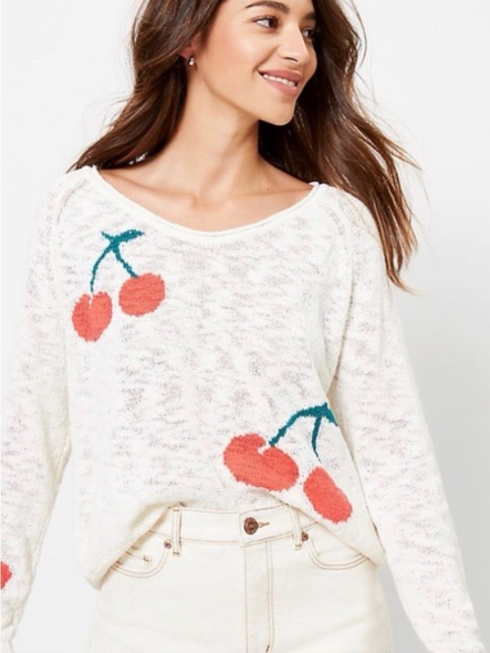 Lou & Grey White Sweater with Coral Cherry Motif
